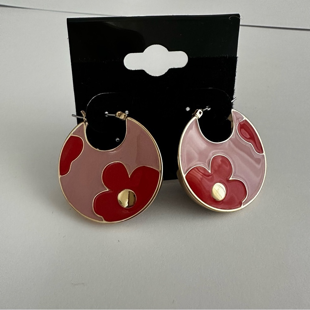 On 34th Gold-Tone Floral Enamel Round Drop Earrings